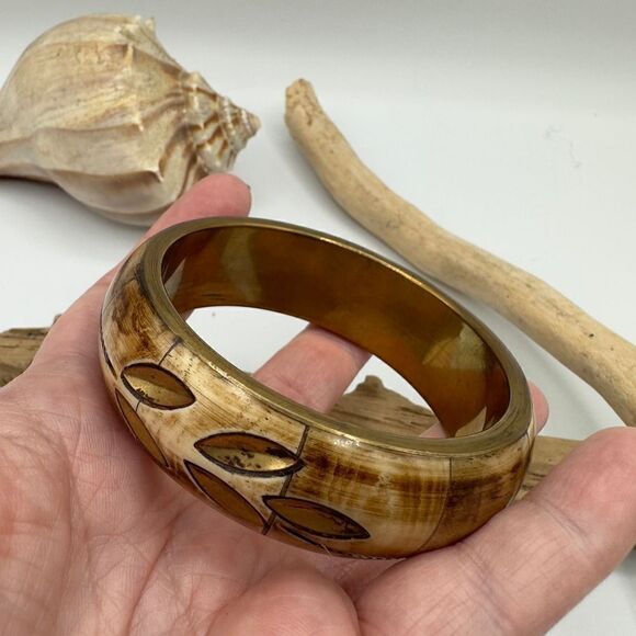 Vintage Brass & Bone Bangle Bracelet - Picture 6 of 6